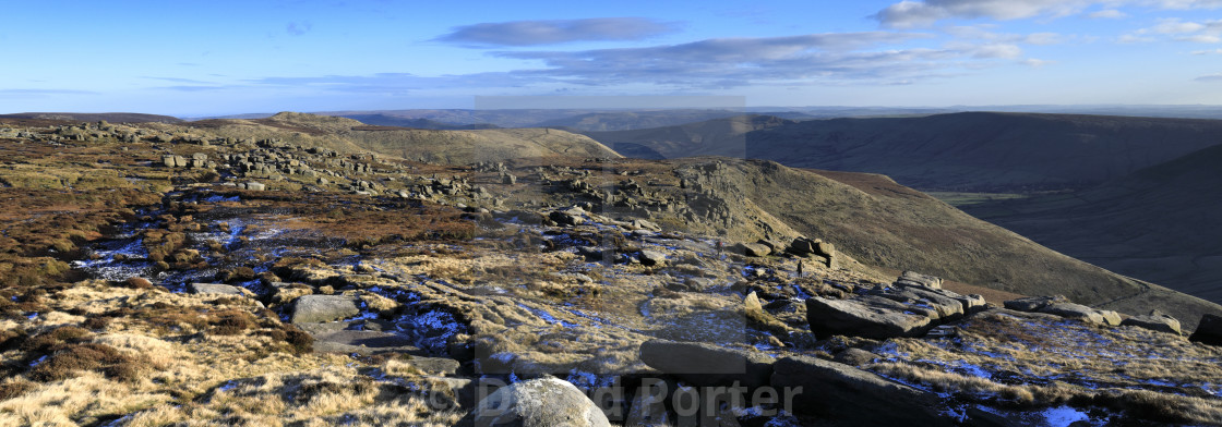 "The Woolpacks rock formations on Kinder Scout, Pennine Way, Peak District..." stock image