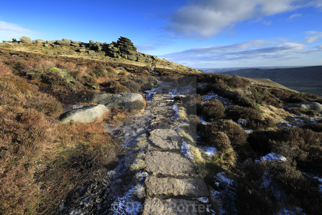 "Pym Chair rock formation on Kinder Scout, Pennine Way, Peak District National..." stock image