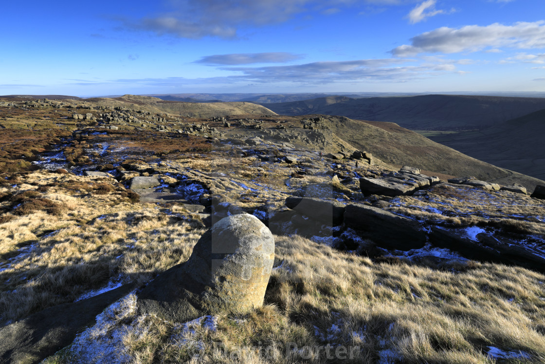 "The Woolpacks rock formations on Kinder Scout, Pennine Way, Peak District..." stock image