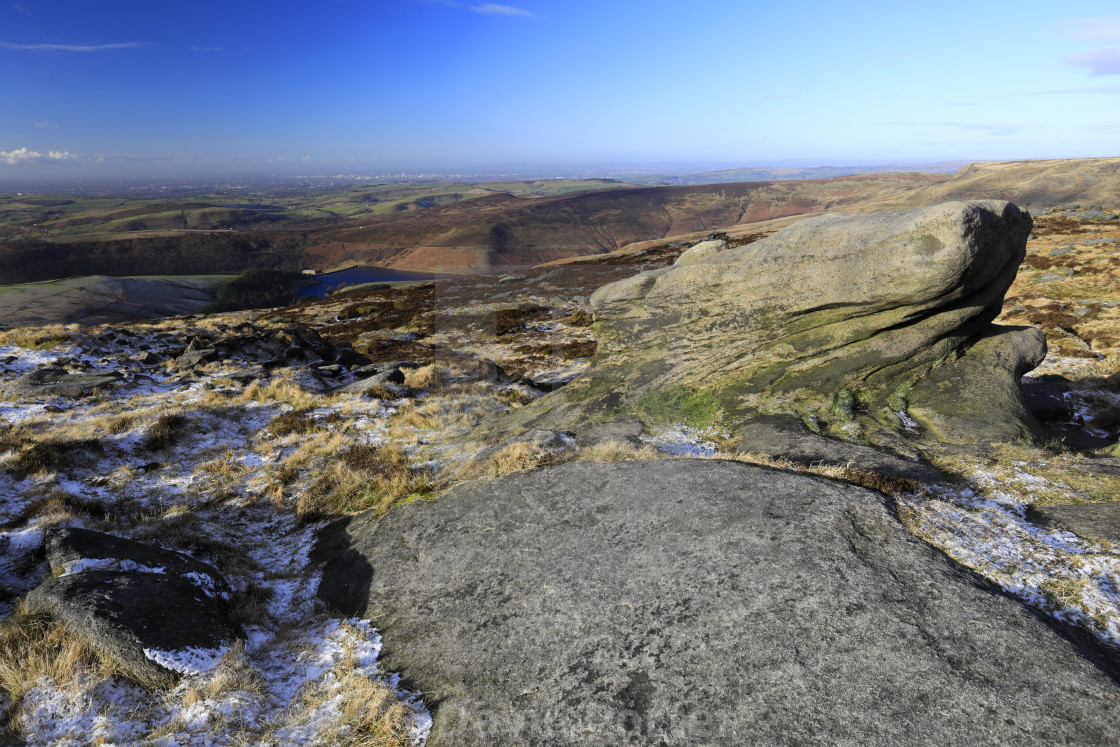 "View to Kinder reservoir over Kinder Scout, Pennine Way, Derbyshire, Peak..." stock image