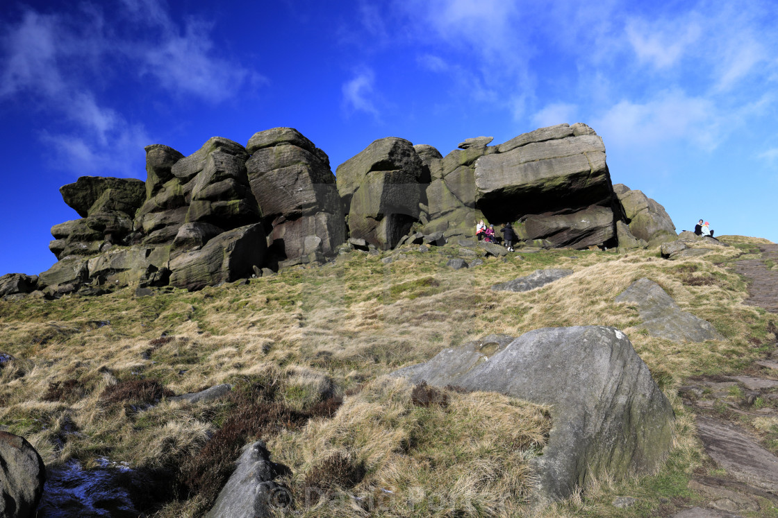 "View over rock formations on Kinder Scout, Pennine Way, Derbyshire, Peak..." stock image