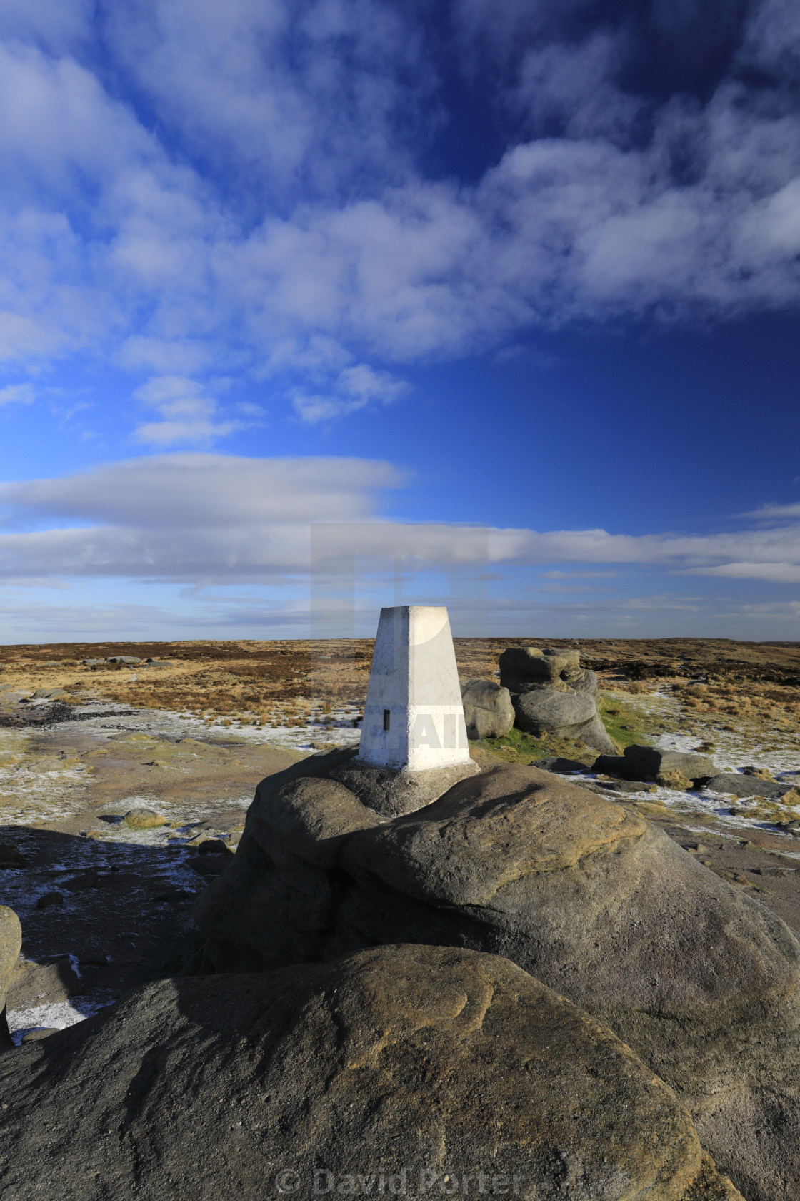 "View of the OS Trig Point on Kinder Scout, Pennine Way, Derbyshire, Peak..." stock image