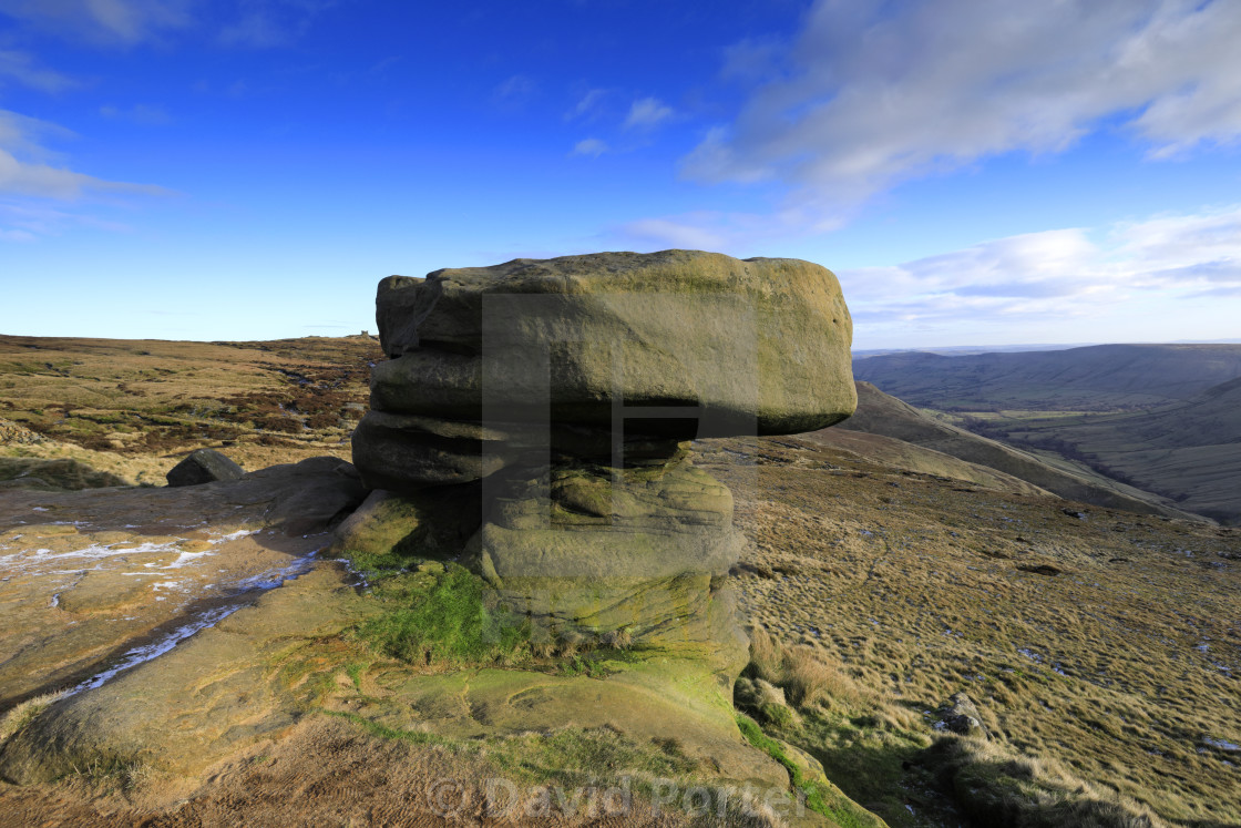 "The Noe Stool rock formation on Kinder Scout, Pennine Way, Peak District..." stock image