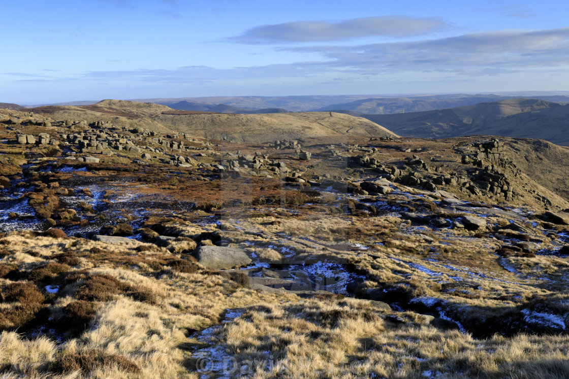 "The Woolpacks rock formations on Kinder Scout, Pennine Way, Peak District..." stock image