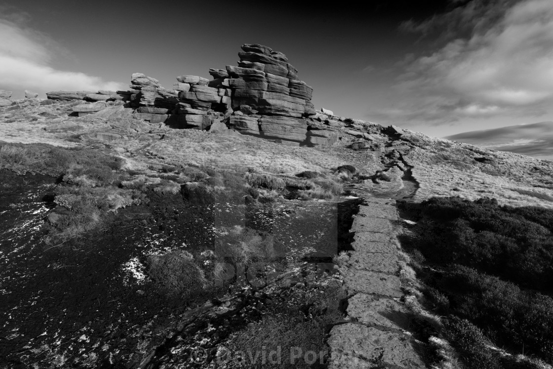 "Pym Chair rock formation on Kinder Scout, Pennine Way, Peak District National..." stock image