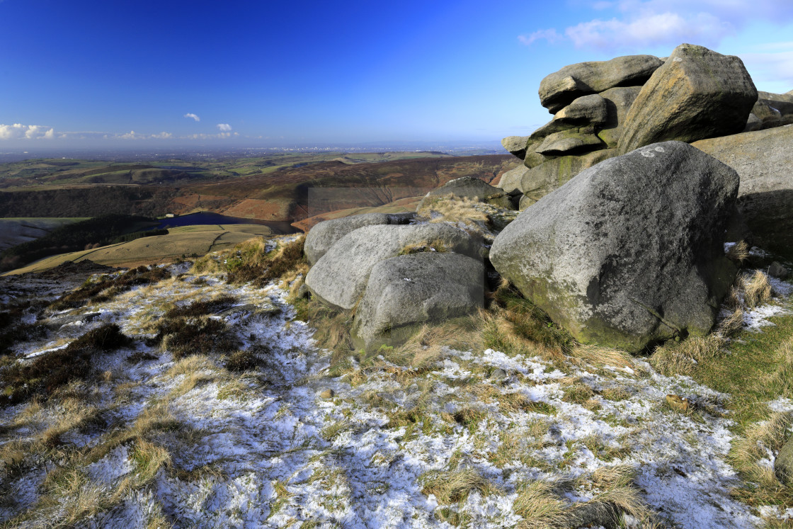 "View to Kinder reservoir over Kinder Scout, Pennine Way, Derbyshire, Peak..." stock image