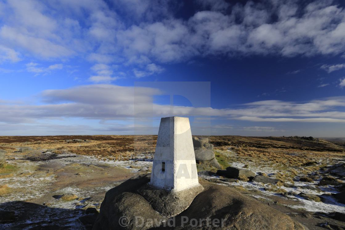 "View of the OS Trig Point on Kinder Scout, Pennine Way, Derbyshire, Peak..." stock image