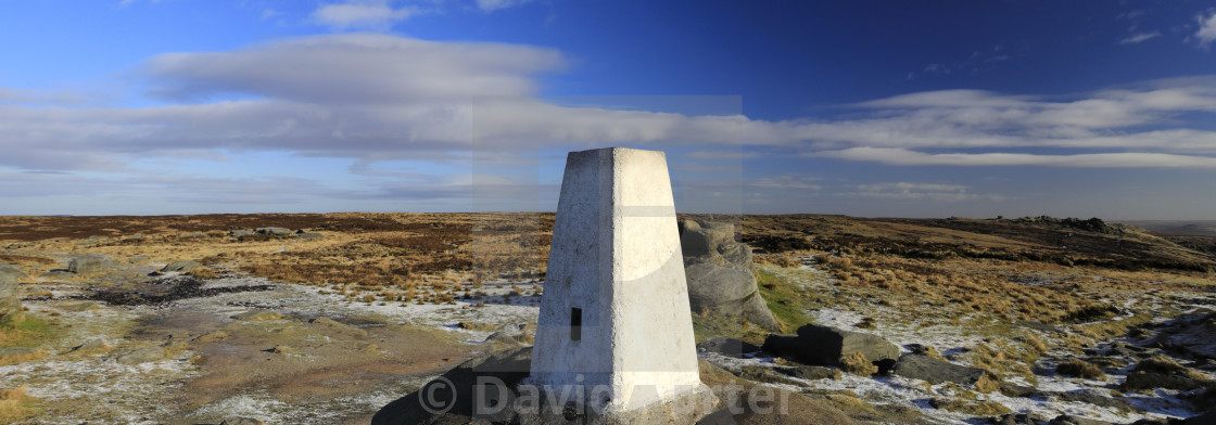 "View of the OS Trig Point on Kinder Scout, Pennine Way, Derbyshire, Peak..." stock image