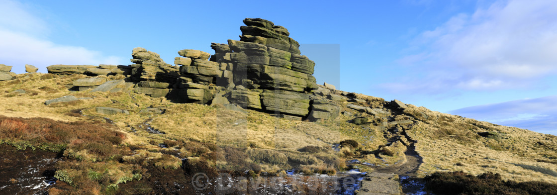 "Pym Chair rock formation on Kinder Scout, Pennine Way, Peak District National..." stock image