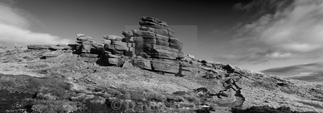 "Pym Chair rock formation on Kinder Scout, Pennine Way, Peak District National..." stock image