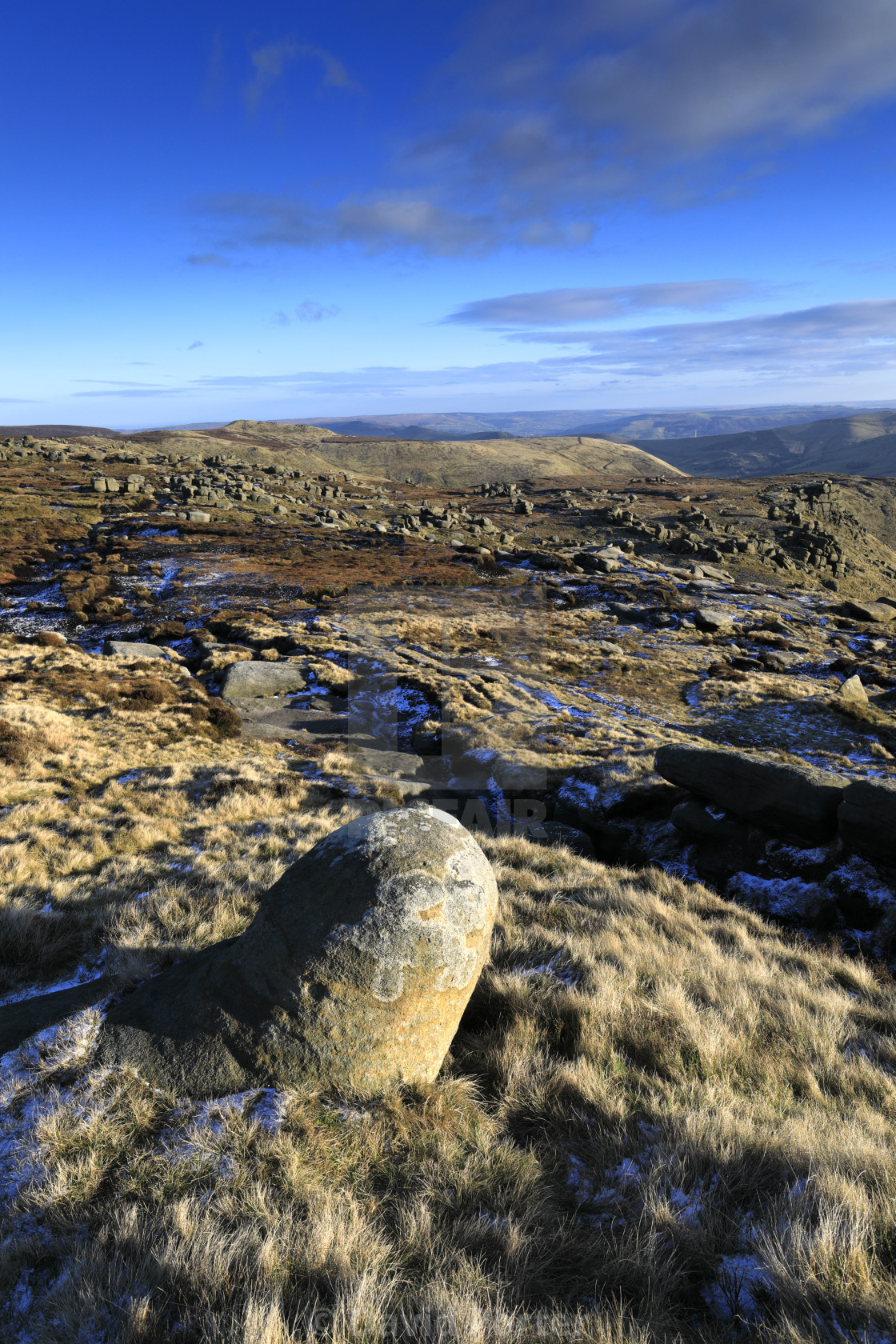 "The Woolpacks rock formations on Kinder Scout, Pennine Way, Peak District..." stock image