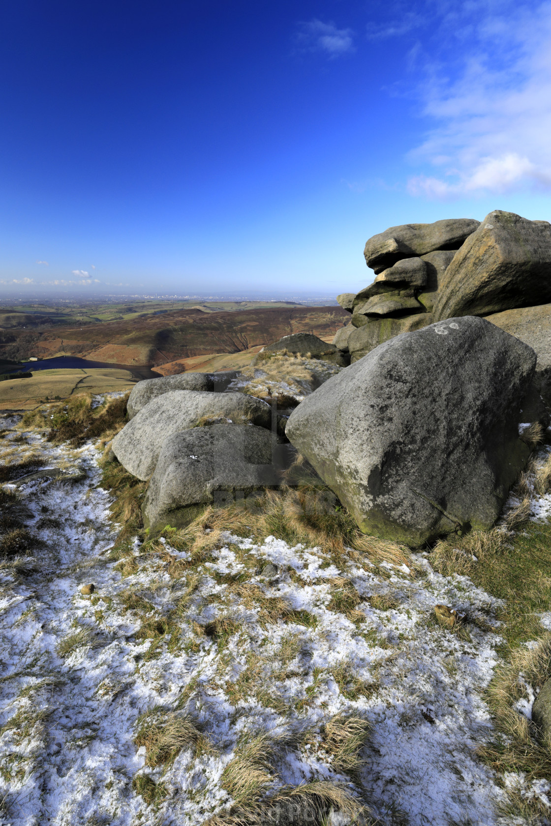 "View to Kinder reservoir over Kinder Scout, Pennine Way, Derbyshire, Peak..." stock image