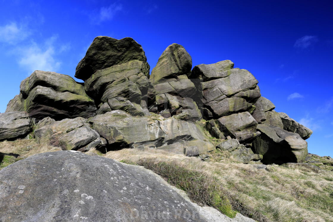 "View over rock formations on Kinder Scout, Pennine Way, Derbyshire, Peak..." stock image