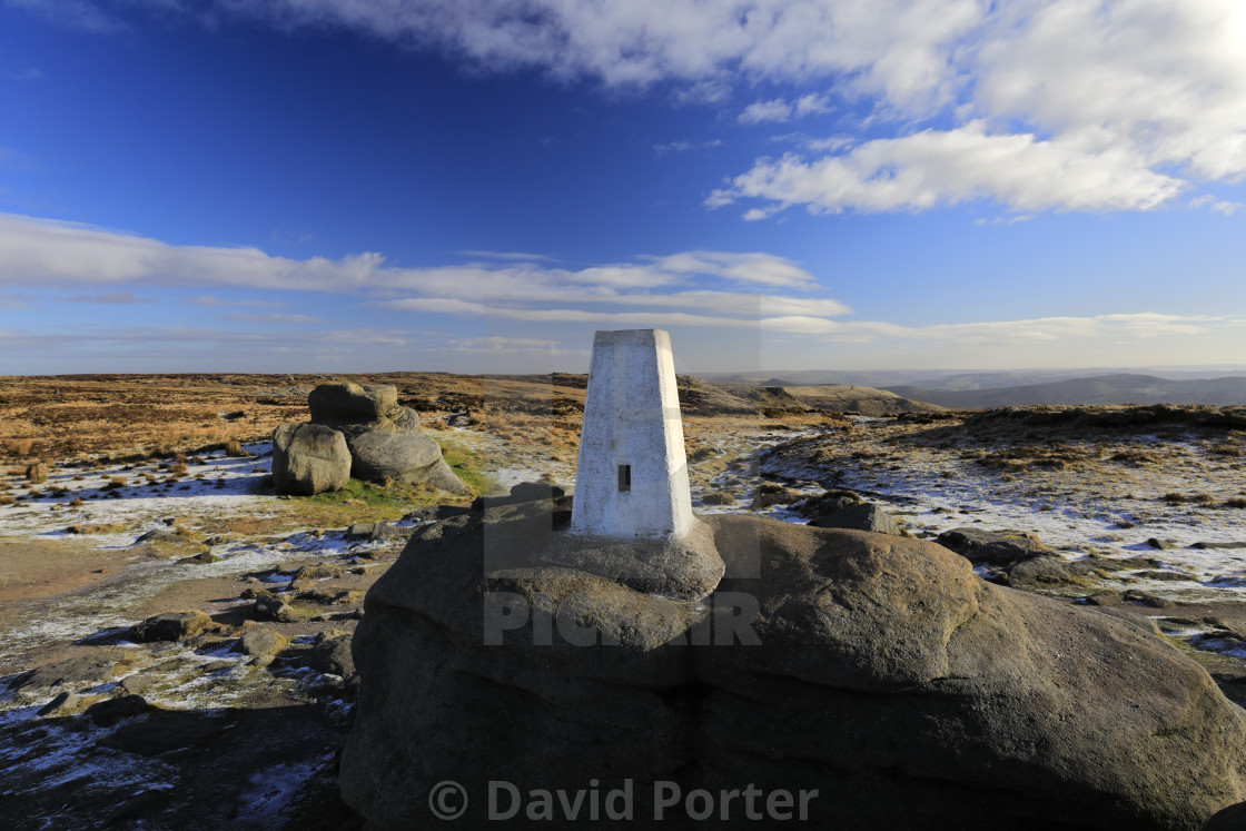 "View of the OS Trig Point on Kinder Scout, Pennine Way, Derbyshire, Peak..." stock image