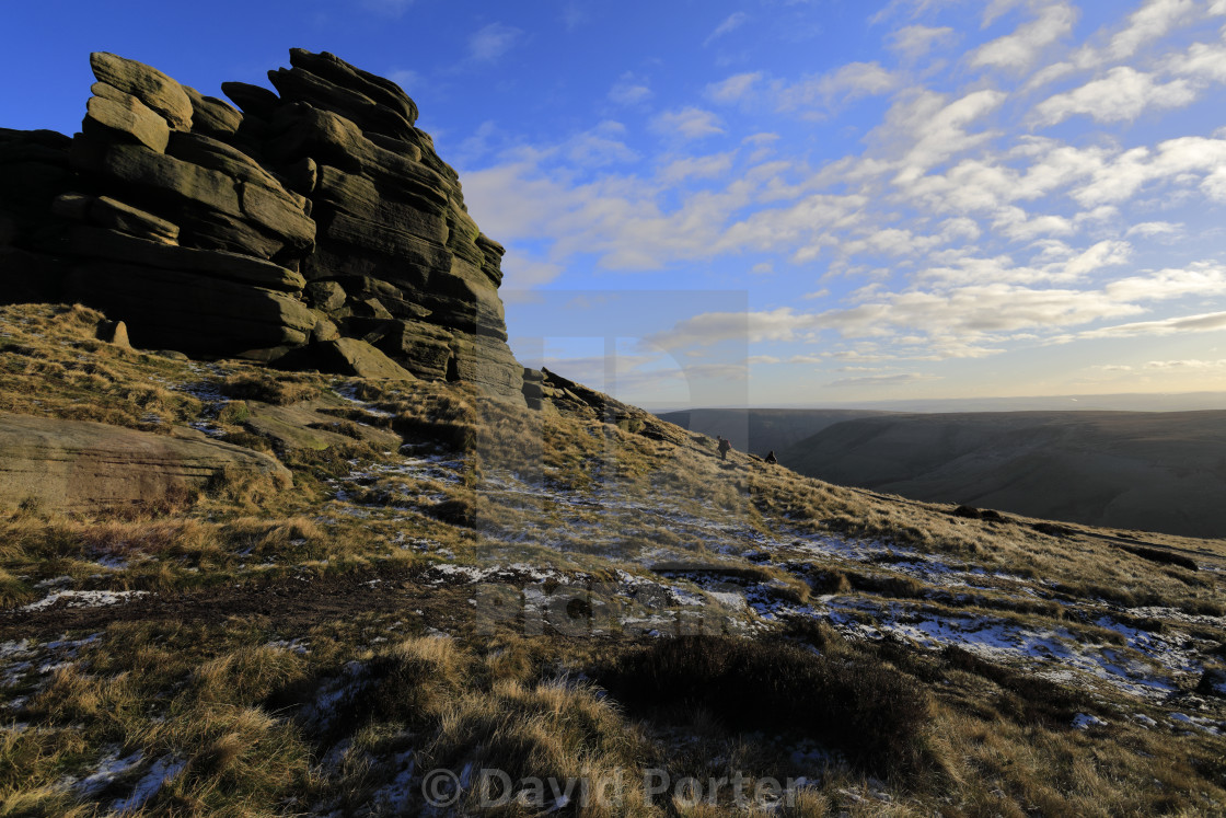 "Pym Chair rock formation on Kinder Scout, Pennine Way, Peak District National..." stock image