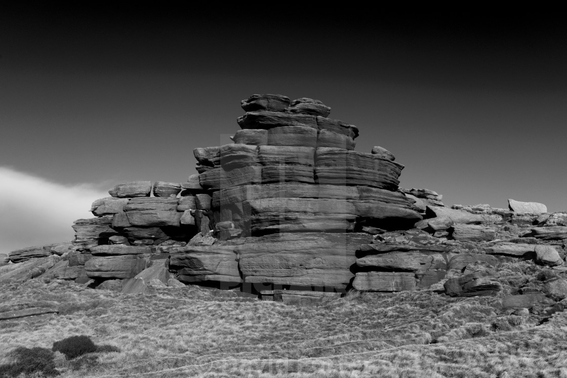 "Pym Chair rock formation on Kinder Scout, Pennine Way, Peak District National..." stock image