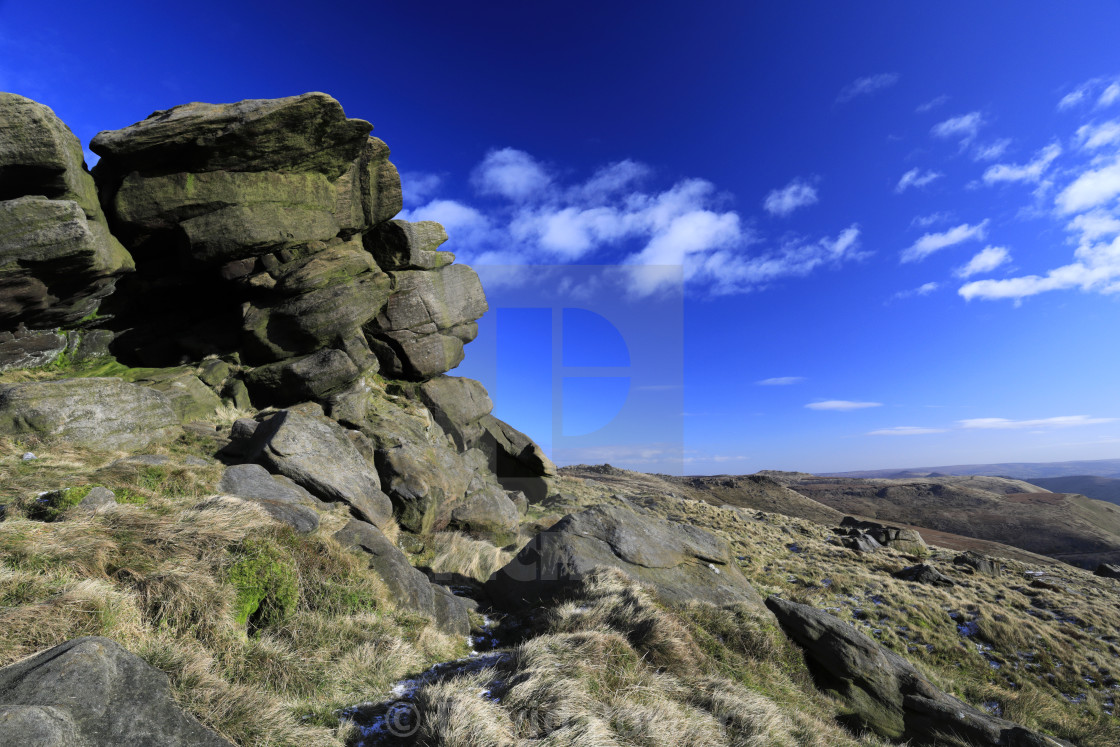 "View over rock formations on Kinder Scout, Pennine Way, Derbyshire, Peak..." stock image