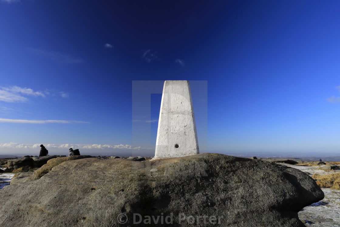 "View of the OS Trig Point on Kinder Scout, Pennine Way, Derbyshire, Peak..." stock image