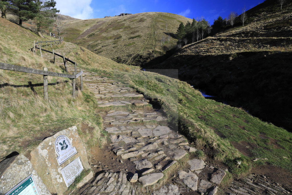 "View of the Jacobs Ladder footpath, Kinder Scout, Derbyshire, Peak District..." stock image