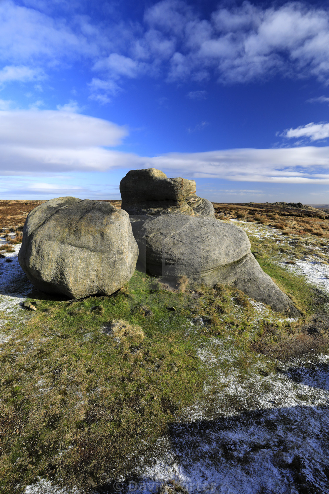 "View over rock formations on Kinder Scout, Pennine Way, Derbyshire, Peak..." stock image