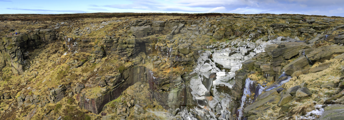 "A frozen Kinder Downfall waterfall, Kinder Scout, Pennine Way, Peak District..." stock image