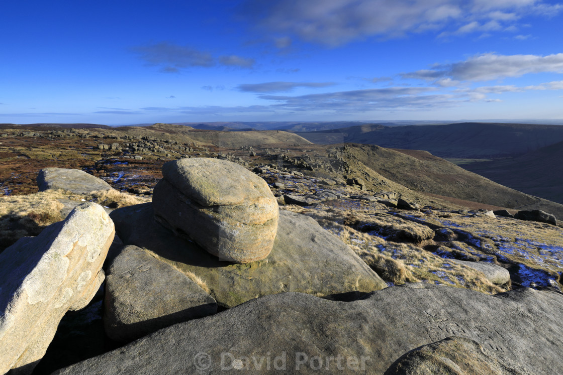 "The Woolpacks rock formations on Kinder Scout, Pennine Way, Peak District..." stock image