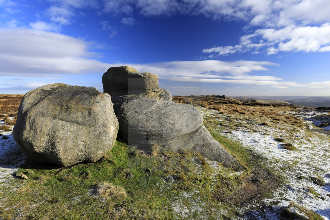 "View over rock formations on Kinder Scout, Pennine Way, Derbyshire, Peak..." stock image