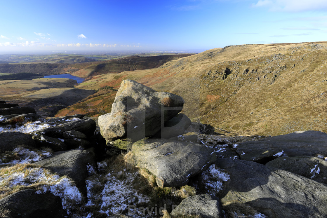 "View to Kinder reservoir over Kinder Scout, Pennine Way, Derbyshire, Peak..." stock image