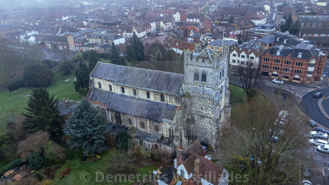 "Waltham Abbey Church Drone Shot" stock image