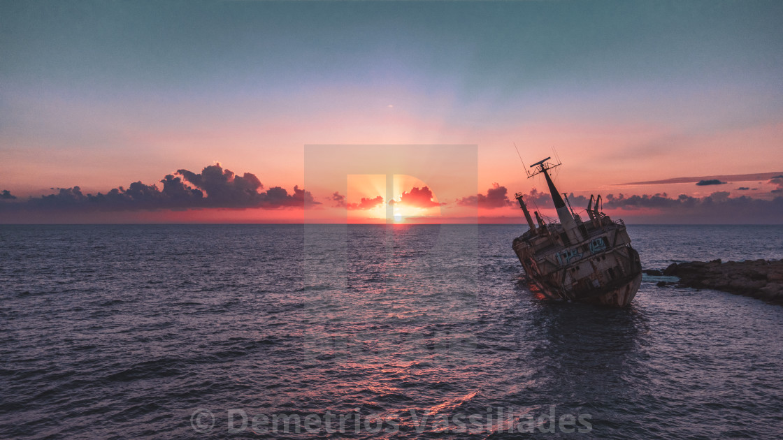 "Edro III Shipwreck Pegeia, Cyprus at Sunset" stock image