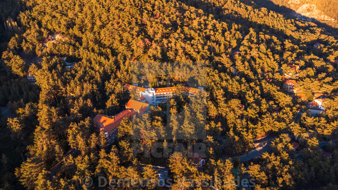 "The Forest Park Hotel, Pano Platres, Troodos, Cyprus Sunset" stock image