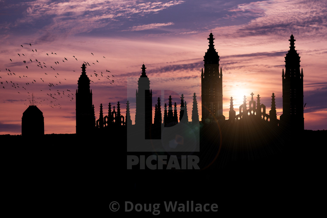 "A Silhouette Sunset of Cambridge University Library and King's College Chapel." stock image