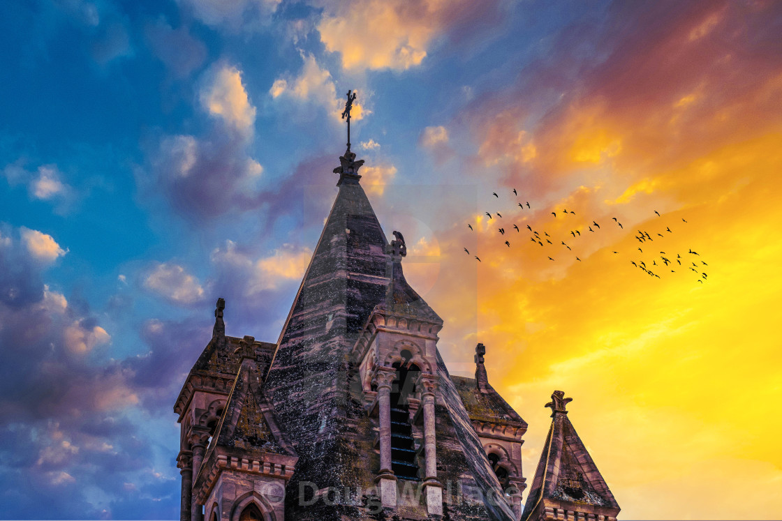 "Sunset on Emmanuel United Reformed Church, Cambridge UK." stock image