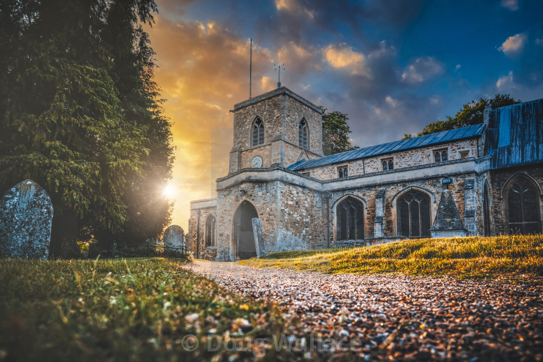 "Sunset on St Mary the Virgin Fen Ditton Church, Cambridge UK." stock image