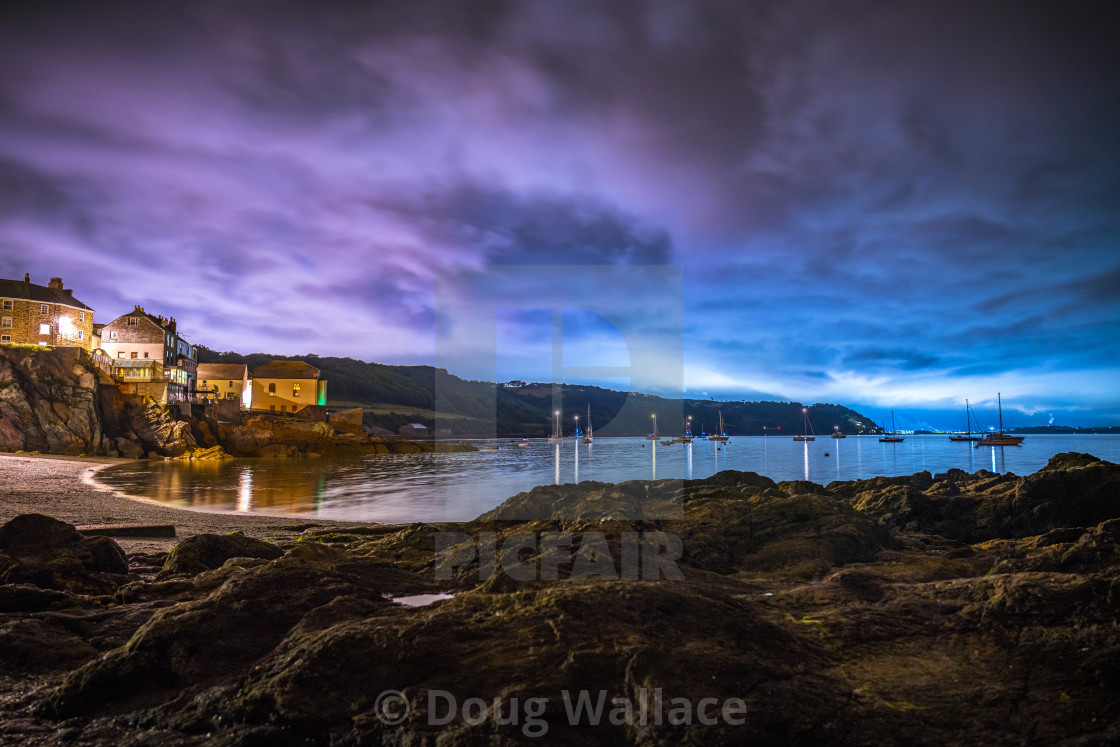 "Cawsand Bay by night, Cornwall UK." stock image