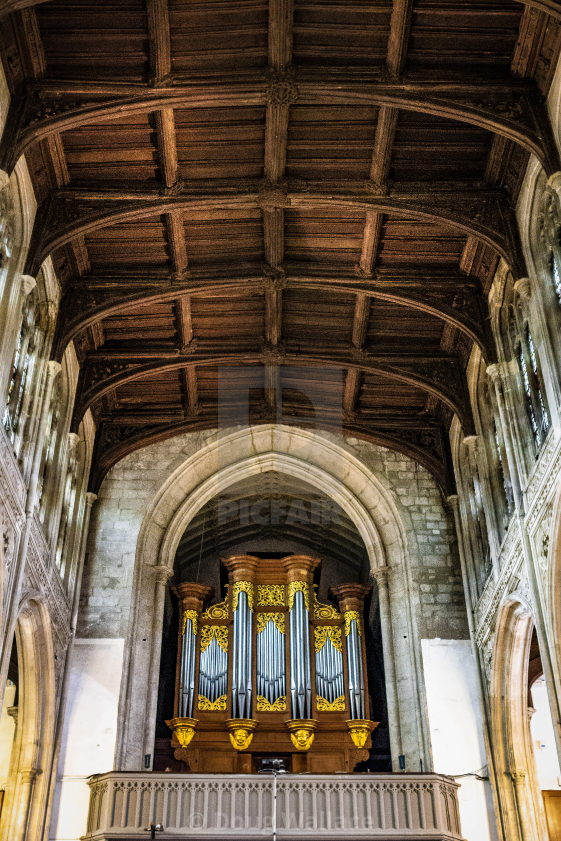 "Organ and rafters of Great St Mary's Church, Cambridge UK." stock image