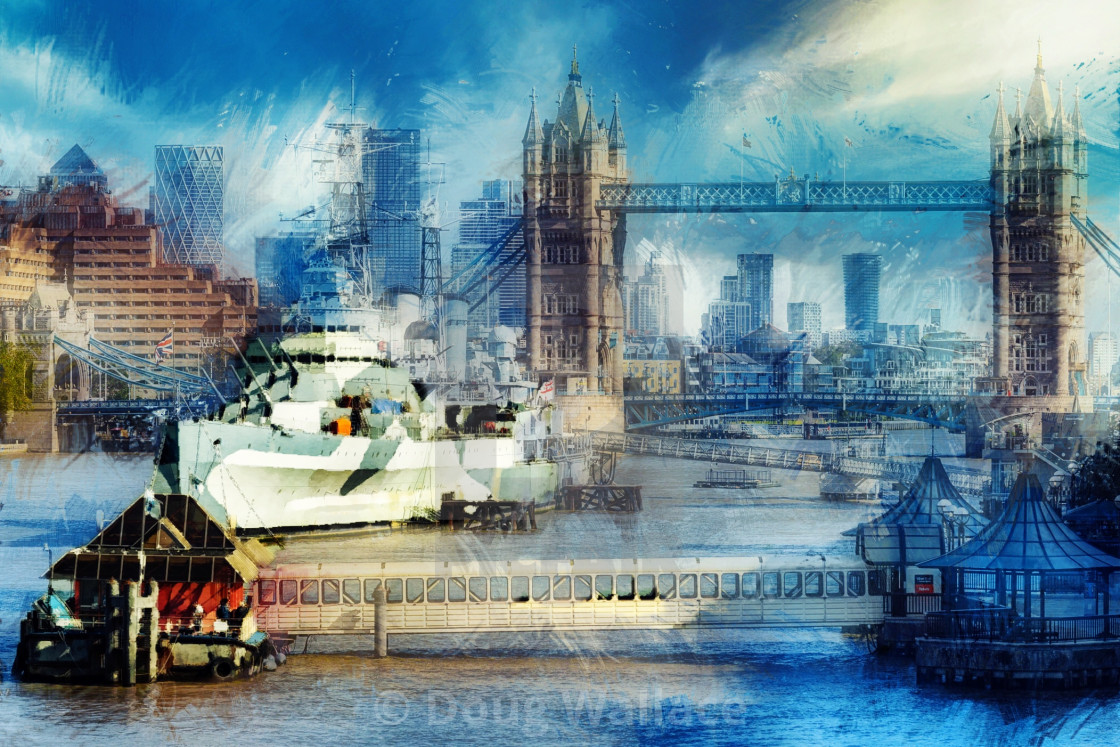 "Watercolour of HMS Belfast moored in the River Thames with London Bridge in watercolour." stock image