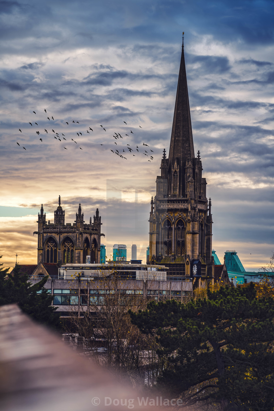 "Sunset over The Catholic Church, Cambridge UK." stock image