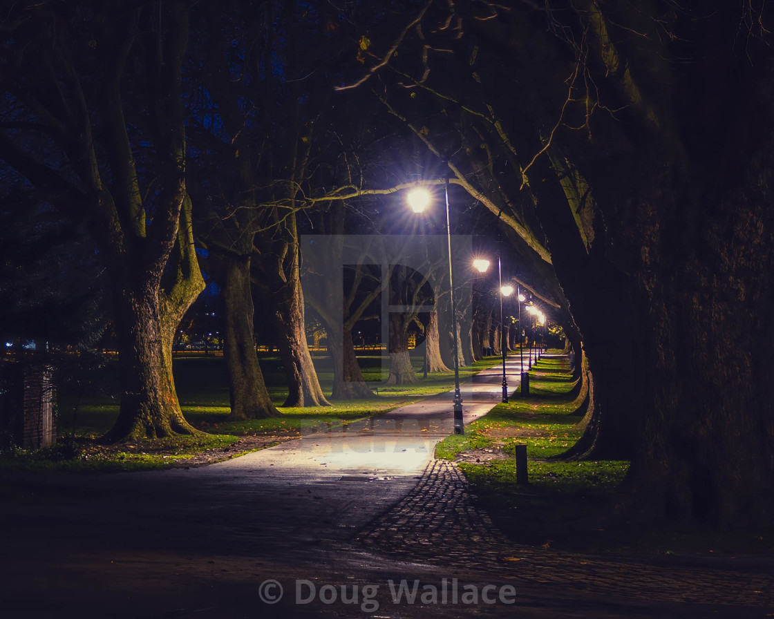 "Jesus Green footpath by night, Cambridge UK." stock image