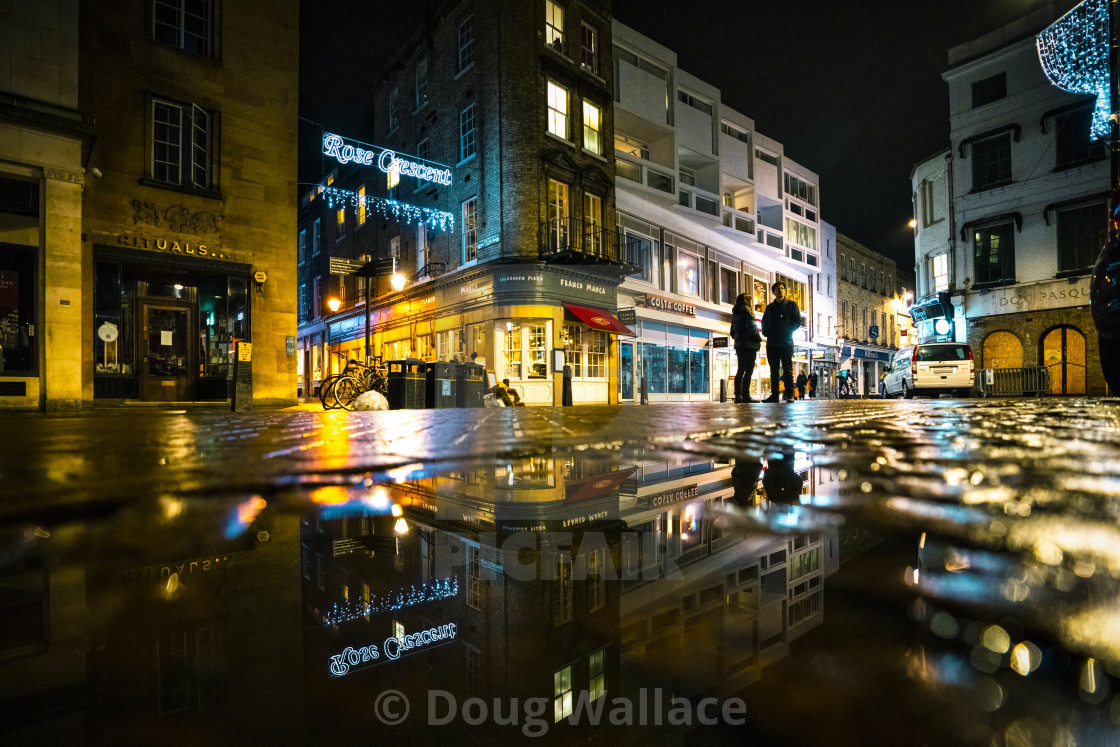 "Night reflections from St Mary's Street, Cambridge UK." stock image