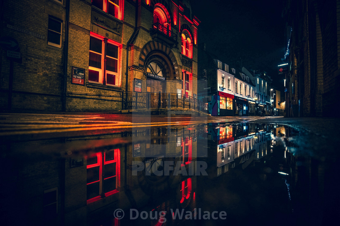 "Corn Exchange in reflection, Cambridge UK." stock image