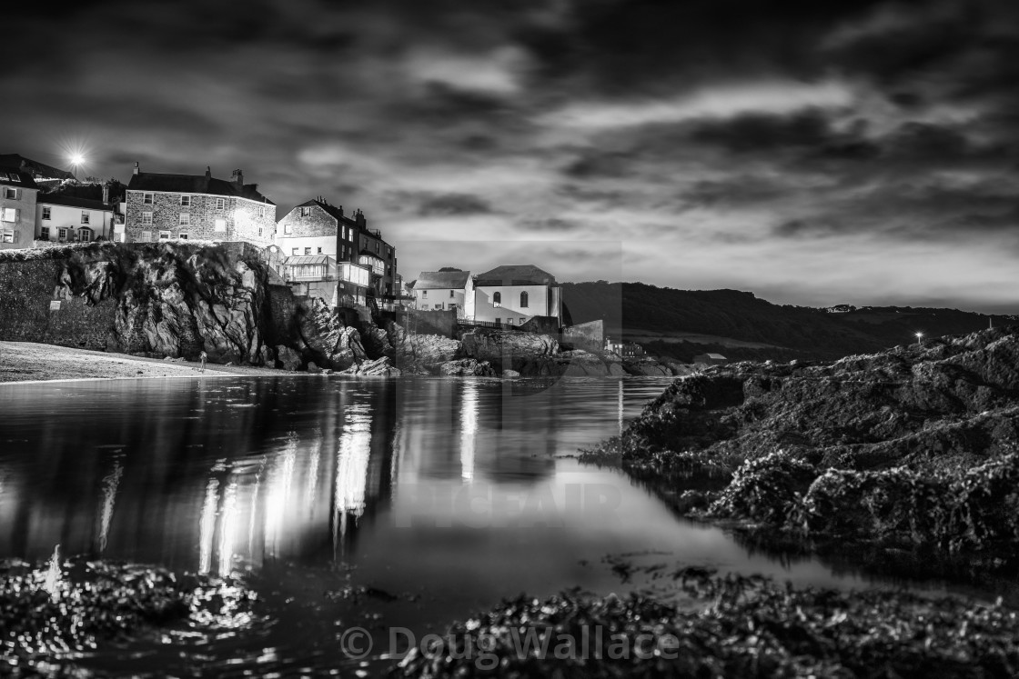 "Cawsand Bay at night in Black and White, Cornwall UK." stock image