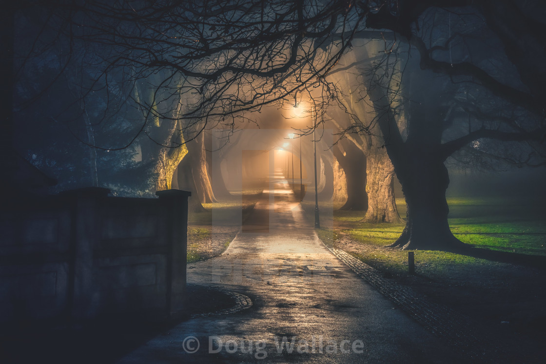 "A foggy Night from Jesus Green, Cambridge UK." stock image