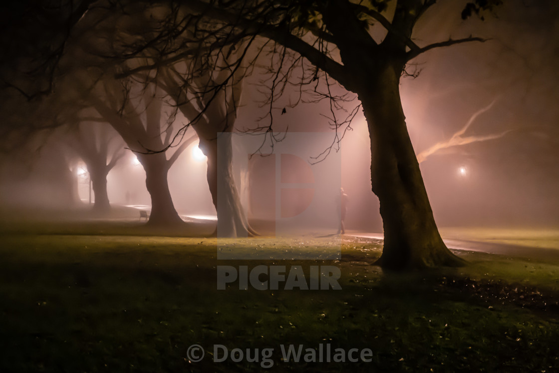 "A foggy night from Jesus Green, Cambridge UK." stock image