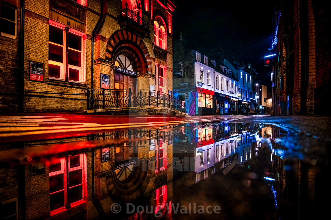 "Night Reflections of Cambridge Corn Exchange." stock image