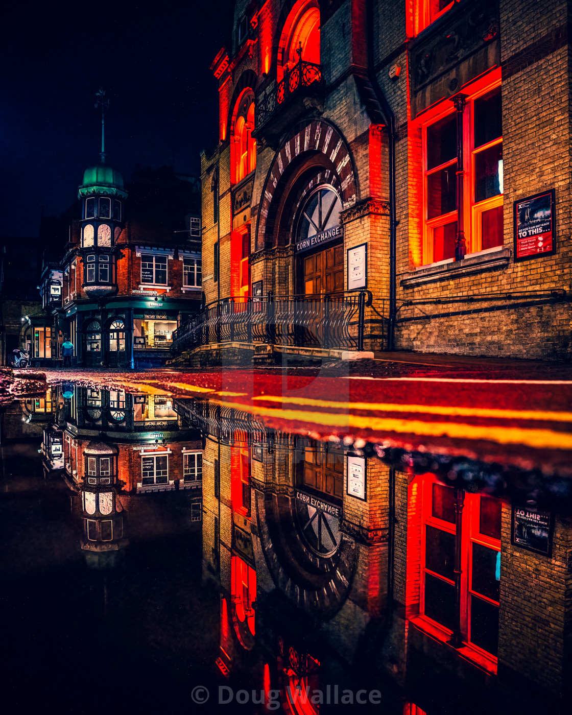 "Night reflections of Cambridge Corn Exchange." stock image