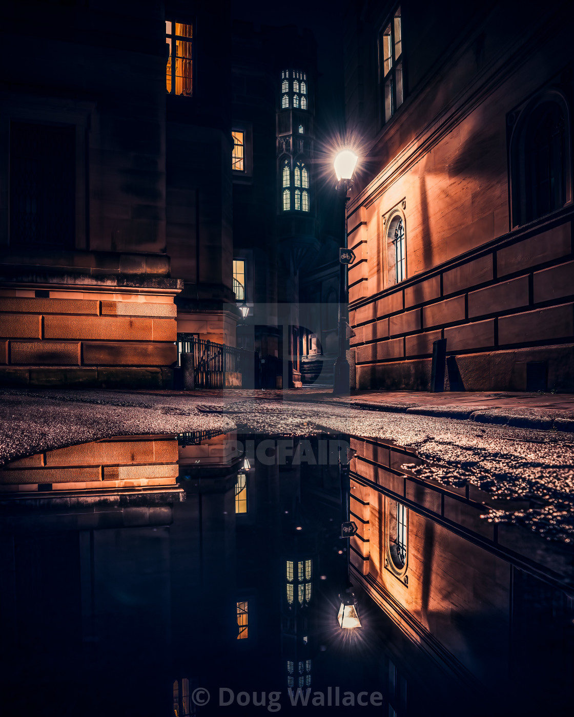 "Night reflections from Trinity Lane, Cambridge UK." stock image