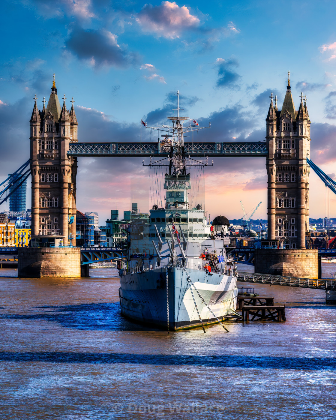 "Sunset on Tower Bridge and HMS Belfast, London UK." stock image