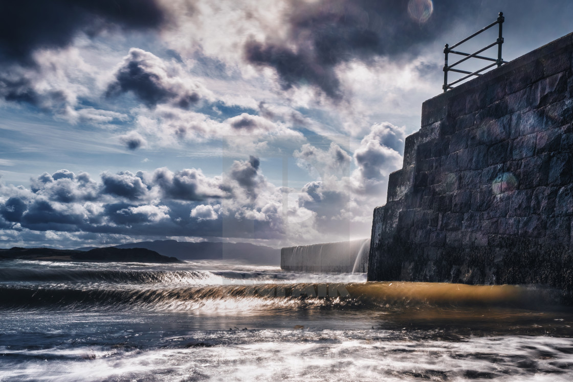 "Criccieth Beach sea defence, Wales, UK." stock image