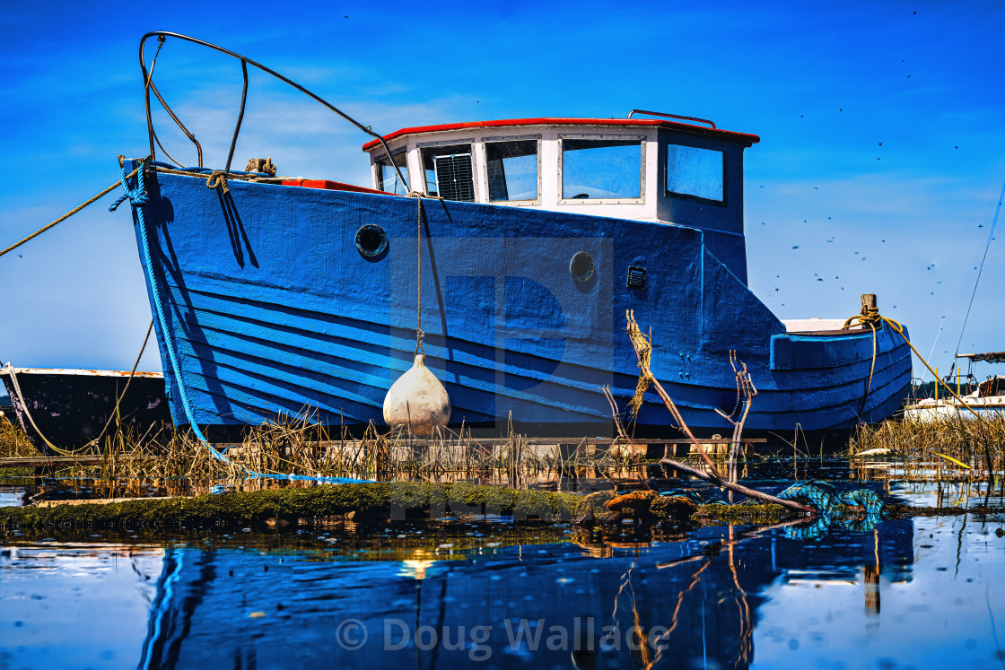 "A moored boat from Pin Mill, Suffolk UK." stock image